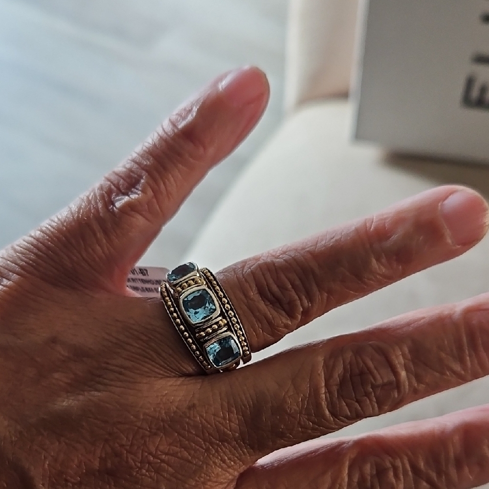 Lagos Sterling Silver And 18K Gold Rittonhouse Blue Topaz Stone 3 Piece Ring Set